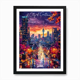 Seoul Skyline, abstract cubism vibrant Poster Art Print