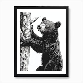Malayan Sun Bear Cub Climbing A Tree Ink Illustration 2 Art Print
