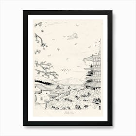 Shinto Shrine Fuji, Edo Period Japan Pen Ink Drawing Art Print