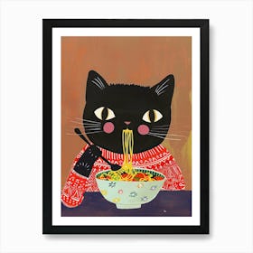 Cute Black Cat Eating Pasta Folk Illustration 2 Art Print