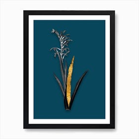 Vintage Antholyza Aethiopica Black and White Gold Leaf Floral Art on Teal Blue n.0971 Art Print