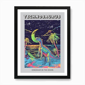Neon Blue Dinosaur In The Ocean At Night Poster Art Print