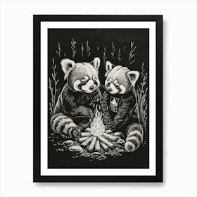 Red Pandas Sitting Together By A Campfire Ink Illustration 2 Art Print