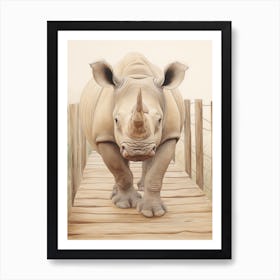 Rhino Walking Across A Wooden Bridge Illustration 4 Art Print