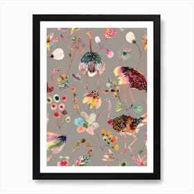 Ostriches And Floral Grey Art Print