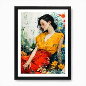 Girl In Flowers illustration Art Print