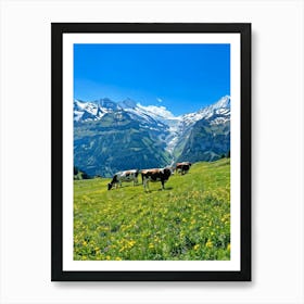 Cows Grazing On Lush Green Pastures Dotted With Pretty Wildflowers In A Switzerland Alpine Landsca Art Print