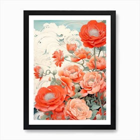 Great Wave With Ranunculus Flower Drawing In The Style Of Ukiyo E 2 Art Print