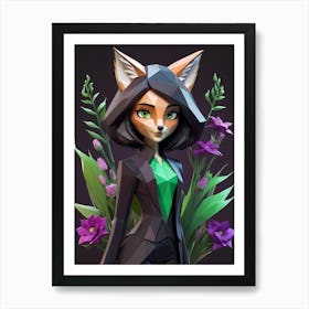 Low Poly Floral Fox Girl, Green (21) Art Print