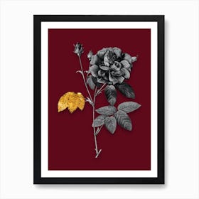 Vintage French Rose Black and White Gold Leaf Floral Art on Burgundy Red Art Print