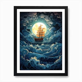 Ship In The Sea At Night 1 Art Print