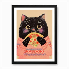 Black Cat Eating A Pizza Slice Folk Illustration 3 Art Print