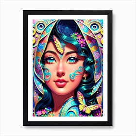 Girl With Blue Hair And Butterflies Art Print