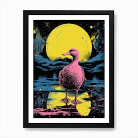 Pink Duck In The Moonlight Linocut Inspired Art Print