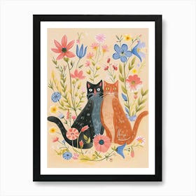 Folksy Floral Animal Drawing Cat 5 Art Print