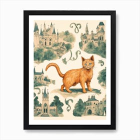 Ginger Cat With Forest Green Castles Art Print