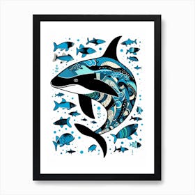 Orca Whale Pattern With Fish Blue 1 Art Print