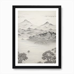 Amanohashidate In Kyoto, Ukiyo E Black And White Line Art Drawing 2 Art Print