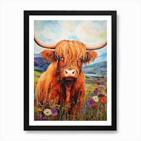 Illustration Of Highland Cow With Wildflowers 4 Art Print