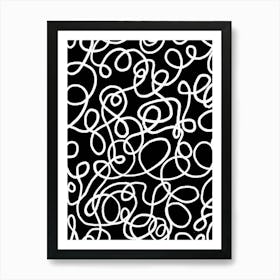 White Swirl Doodles On A Black Background Art Print