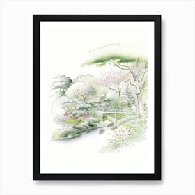 Rikugien Gardens, Japan Vintage Pencil Drawing Art Print