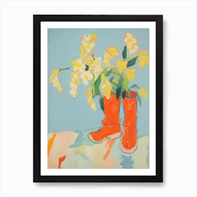 Painting Of Yellow Flowers And Cowboy Boots, Oil Style 4 Art Print