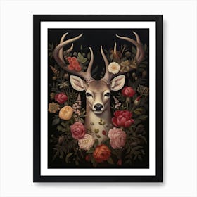 Deer Portrait With Rustic Flowers 1 Art Print