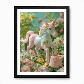 Toy Unicorn In The Garden Pastel Flowers Art Print