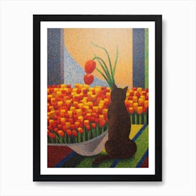 Tulips With A Cat 1 Pointillism Style Art Print