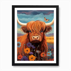 Digital Portrait Of Highland Cow & Butterflies 2 Art Print