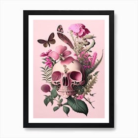 Skull With Butterfly Motifs Pink Botanical Art Print