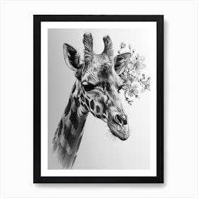 Giraffe With Their Head In The Flowers 3 Art Print