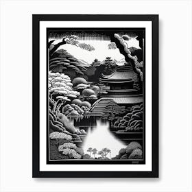 Ginkaku Ji, Japan Linocut Black And White Vintage Art Print