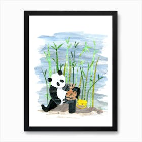 Panda And Baby Peacock Art Print