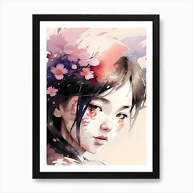 Asian Girl With Flowers Watercolor Painting Art Print