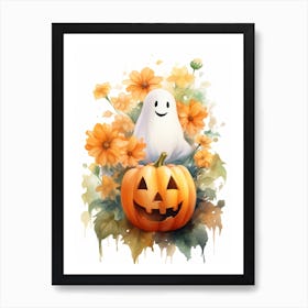 Cute Ghost With Pumpkins Halloween Watercolour 82 Art Print