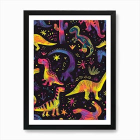 Dinosaur Neon Pattern Black Background Art Print
