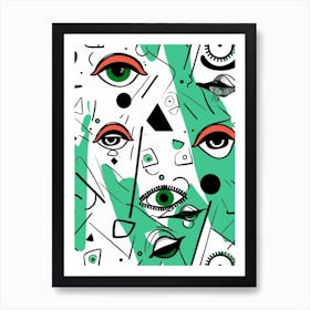 Abstract Aqua Face Line Illustration 2 Art Print