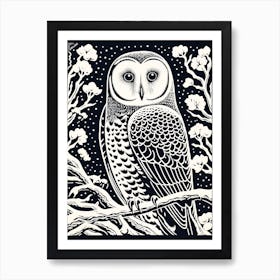 B&W Bird Linocut Snowy Owl 4 Art Print