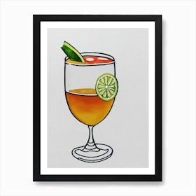 Tommy'S Margarita Minimal Line Drawing With Watercolour Cocktail Poster Art Print