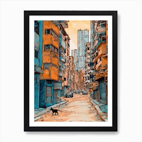 Painting Of Dubai United Arab Emirates With A Cat In The Style Of Line Art 3 Art Print