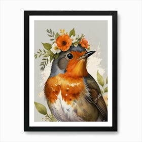 Robin With Flower Crown2 Style Watercolor Art Print