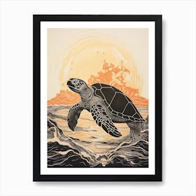 Linocut Illustration Style Of Sea Turtle And Sunset Black & Orange 2 Art Print