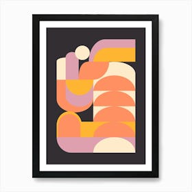 Modern Geometric Shapes In Coral And Lilac on Black Art Print