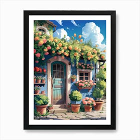 Anime Canvas Art: Rustic House with Lush Potted Flowers, Blue Facade, and Wooden Door, Perfect for Lofi Aesthetic and Botanical Art Lovers. Art Print