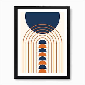 Modern Mid Century Gateway Sun Moon Rainbow 14 Abstract in Navy Blue Burnt Orange 5 Art Print