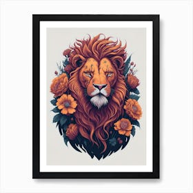 Lion Head With Flowers Art Print