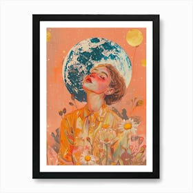 Girl With Flowers orange moon Art Print