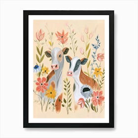 Folksy Floral Animal Drawing Cow 4 Art Print