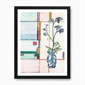 Painting of Blue Flowers In A Vase, Abstract Art. Art Print